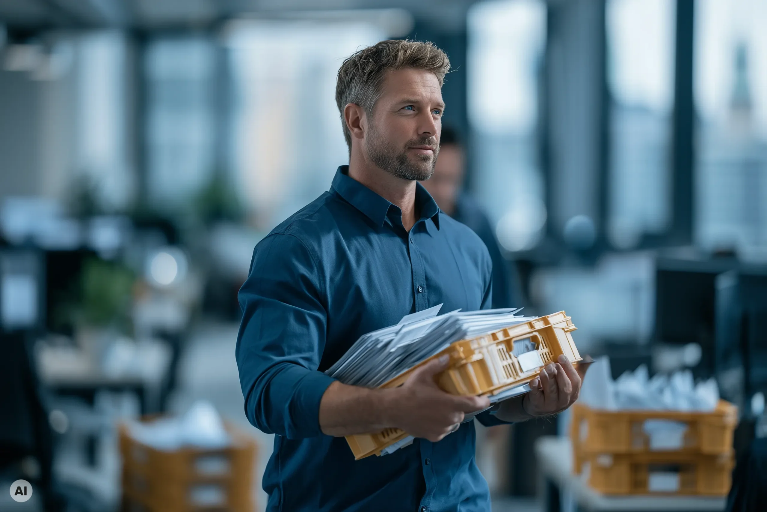 Ein Mitarbeiter eines Berliner Unternehmens trägt zahlreiche Briefe die personenbezogene Daten enthalten