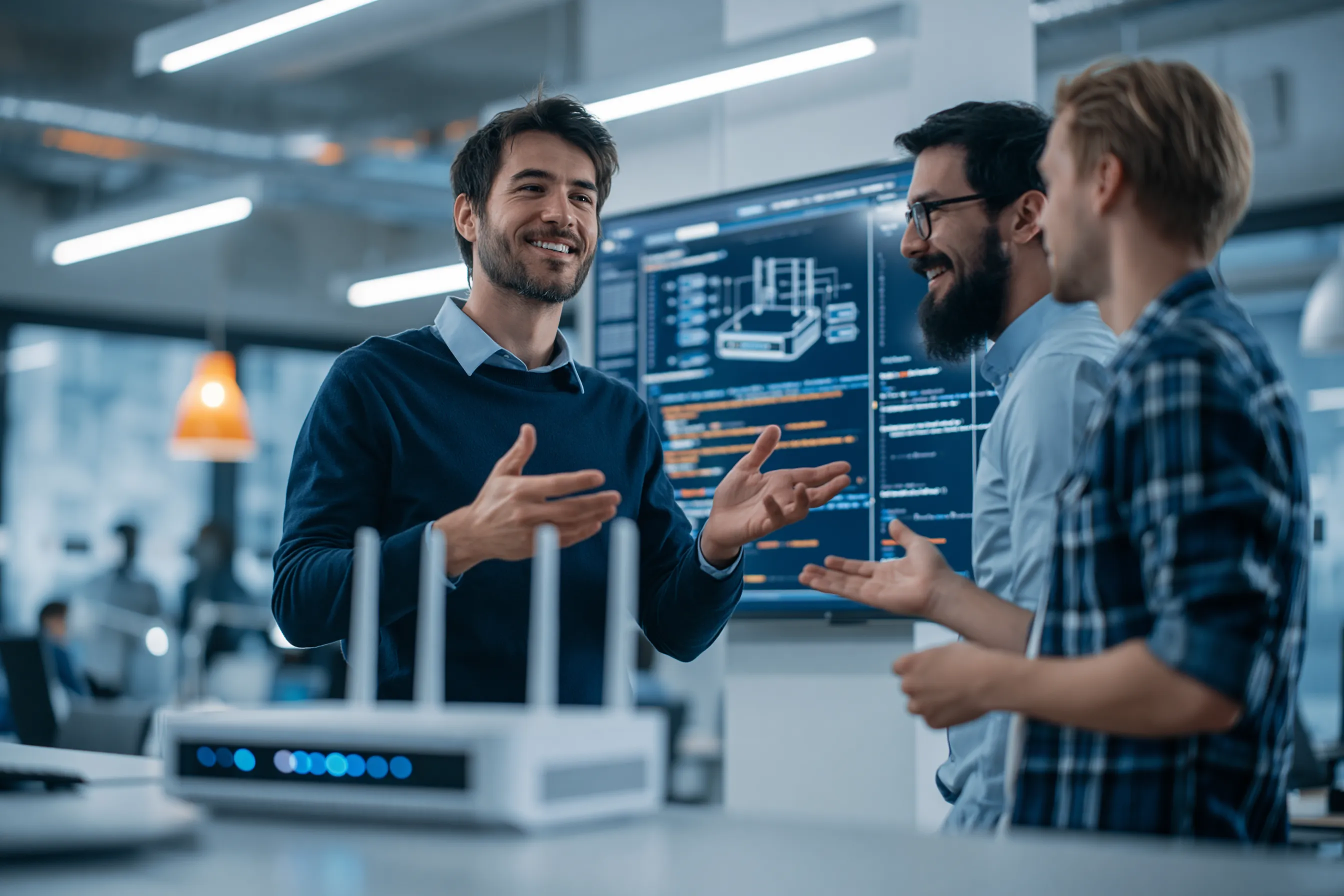 Mitarbeiter eines Unternehmens besprechen bei der Produktentwicklung, welche Komponenten für den CRA relevant sind