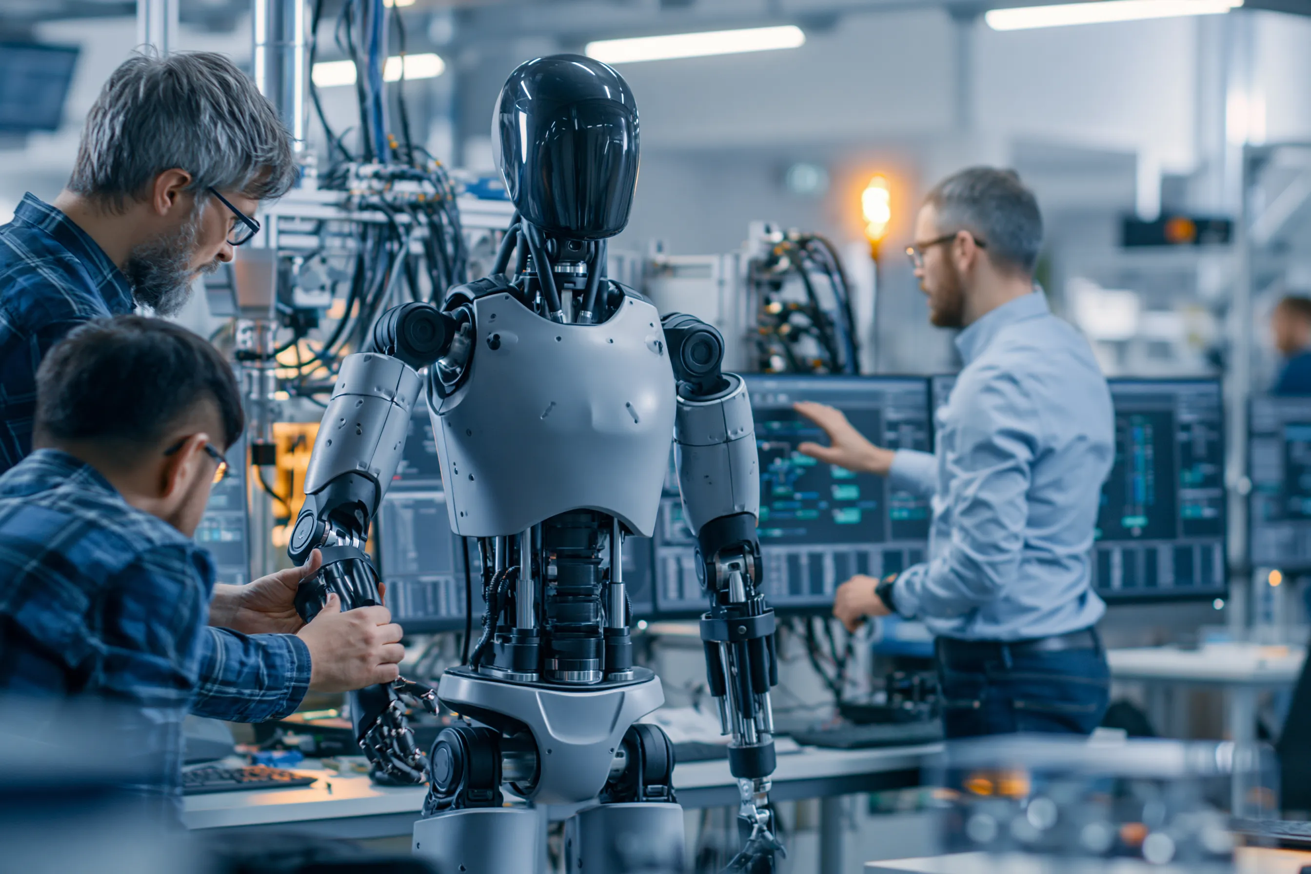 Mitarbeiter eines Unternehmens stellen einen Roboter so ein dass er den Cybersicherheitsanforderungen des CRA entspricht