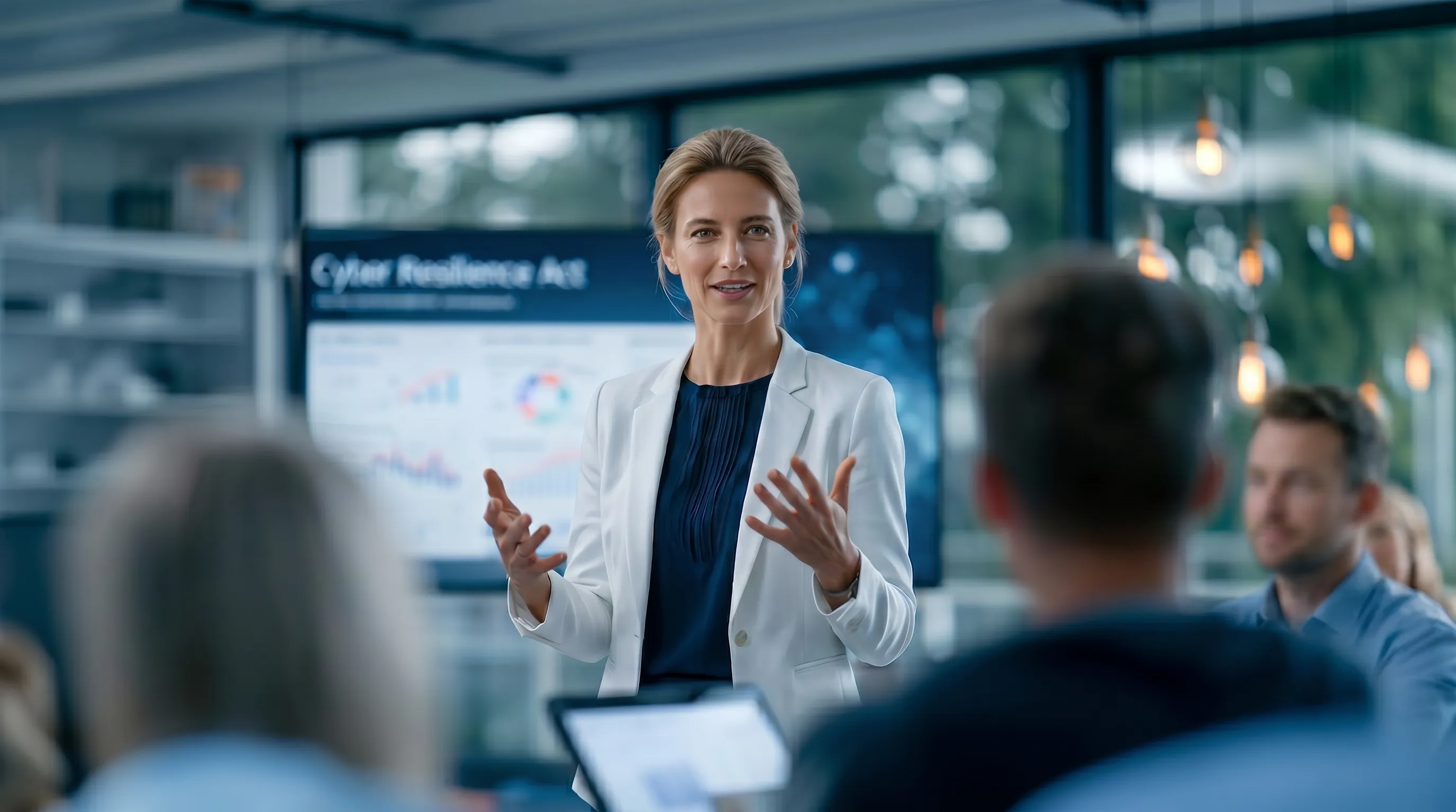Eine Beraterin der activeMind AG erklärt den MItarbeitenden eines Unternehmens den Cyber Resilience Act in einem Workshop