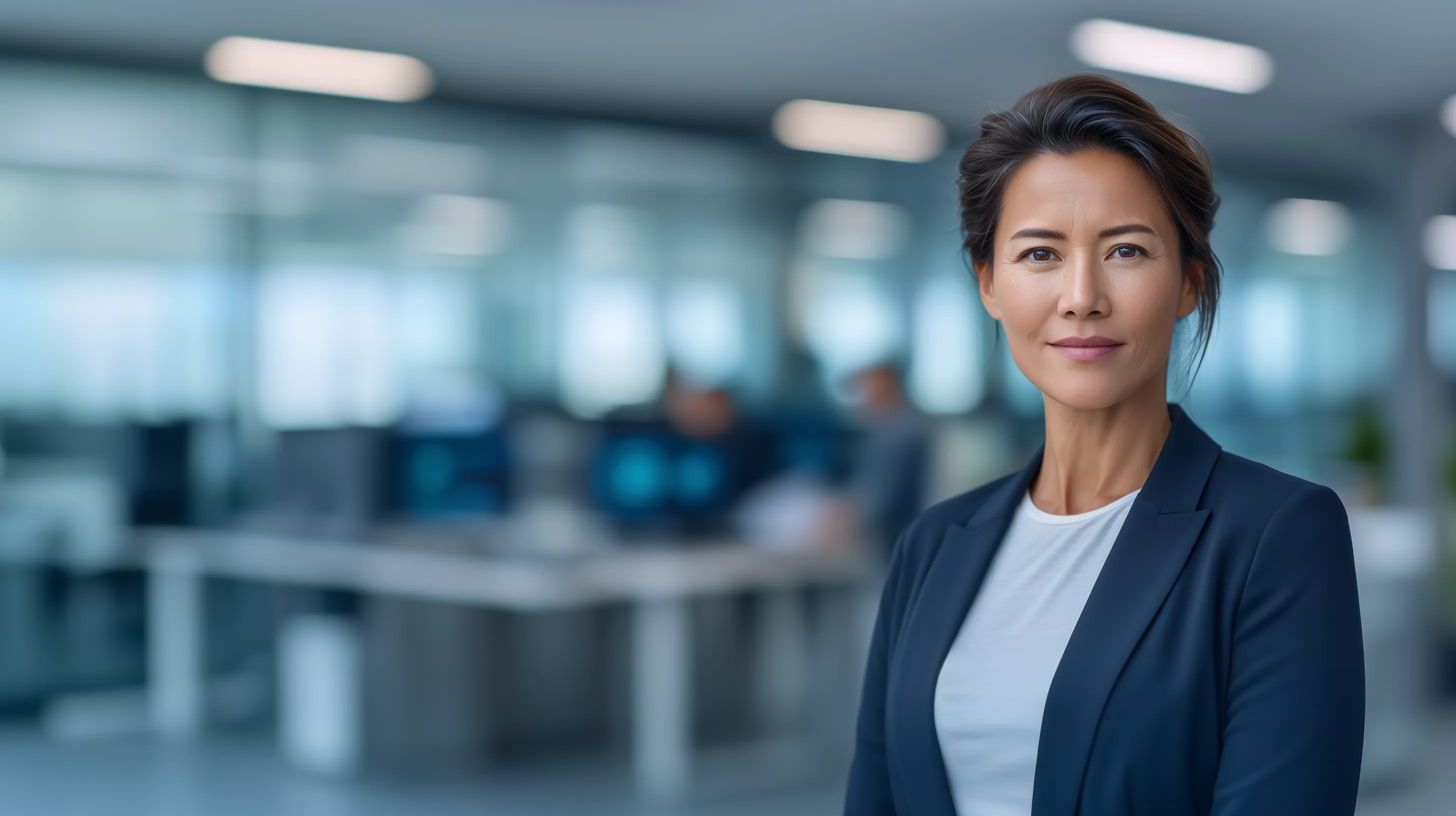 Eine Informationssicherheits-Beraterin der activeMind AG steht in einem Unternehmen das sie gerade zur erfolgreichen Zertifizierung nach ISO 27001 geführt hat