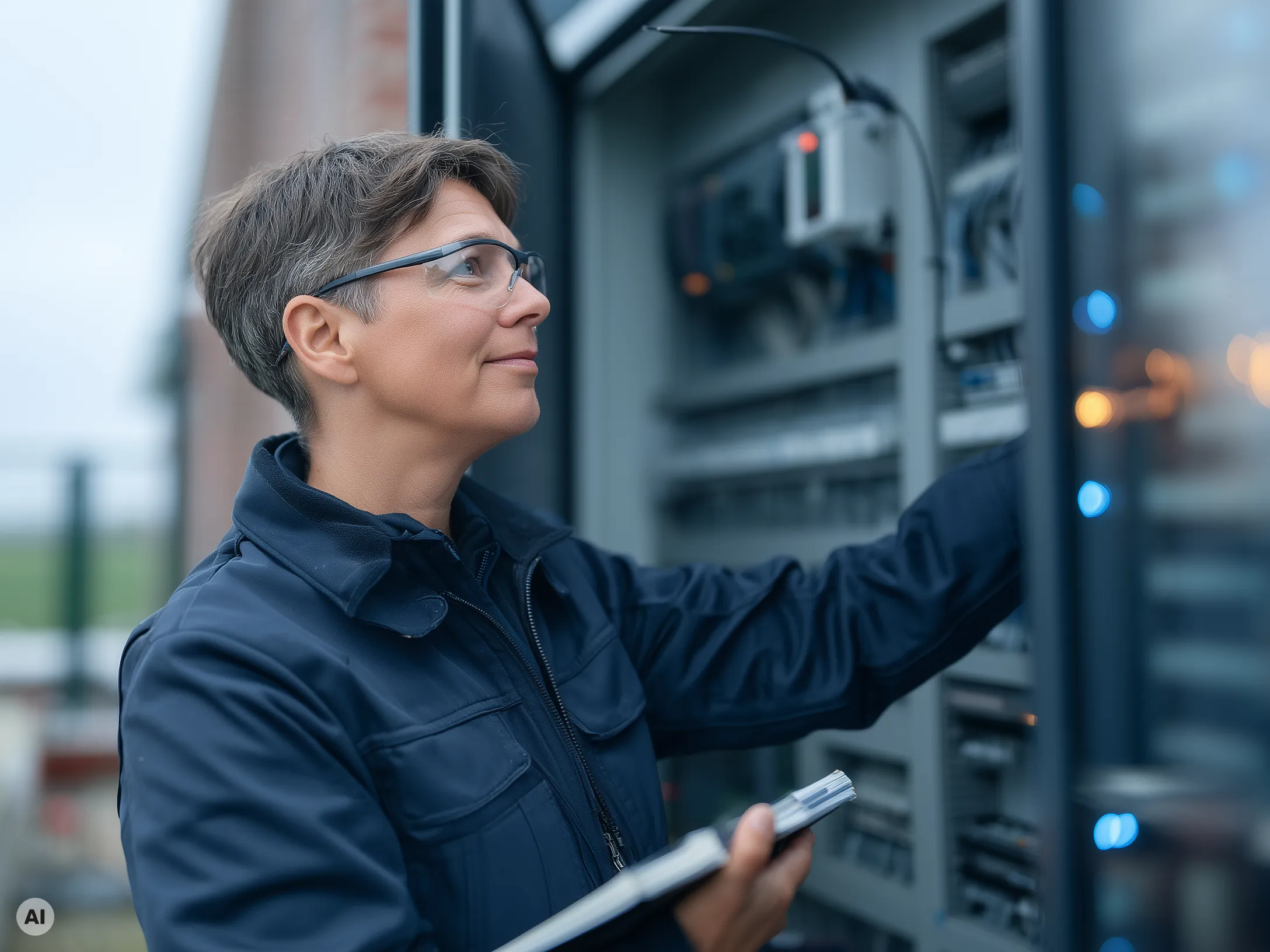 Technikerin eines Versorgers an einer unbemannten Außenstation im Netzgebiet