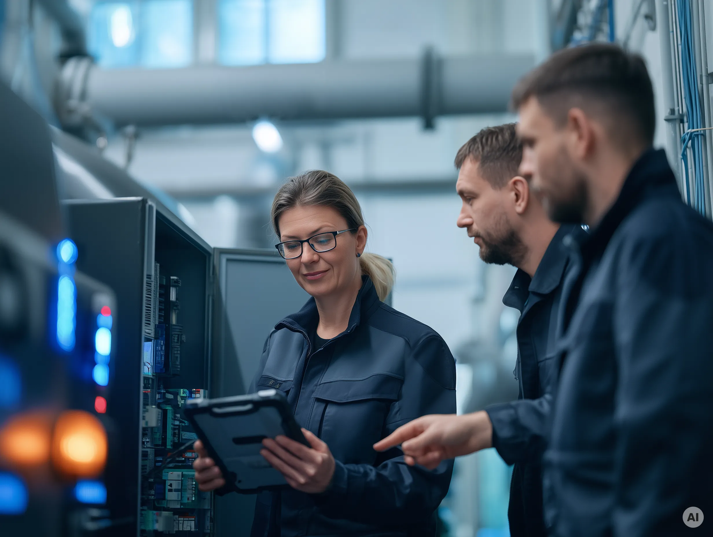 Mitarbeiter eines Unternehmens stellen einen Roboter so ein dass er den Cybersicherheitsanforderungen des CRA entspricht
