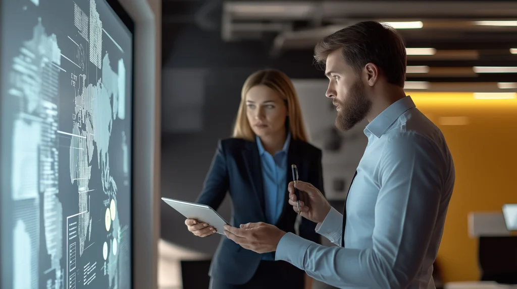 Eine Beraterin von activeMind zeigt dem Mitarbeiter eines Unternehmens auf einem Tablet wie Datenströme international am besten gesichert werden