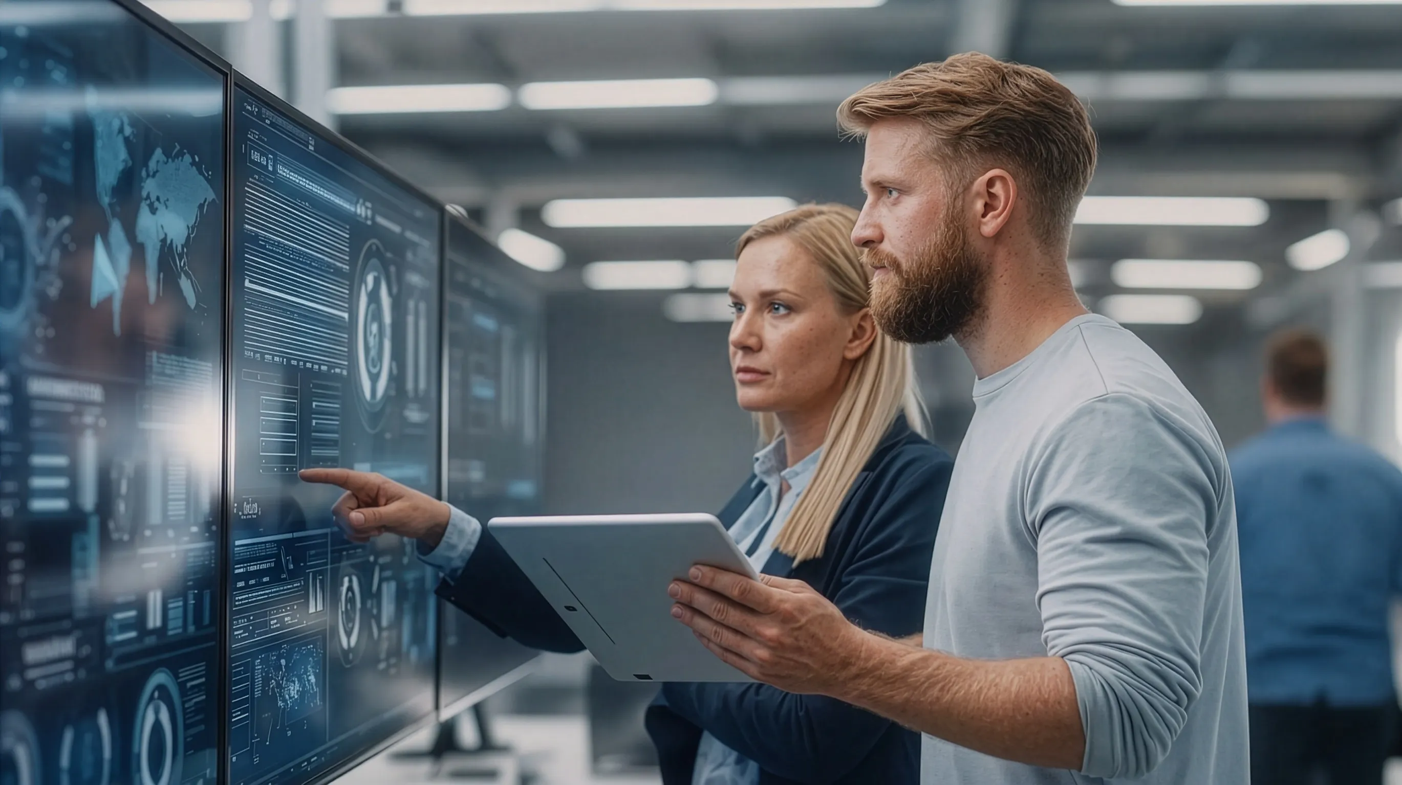 Zwei Mitarbeiter eines Unternehmens prüfen die Betroffenheit von Produkten mit digitalen Elementen gemäß CRA
