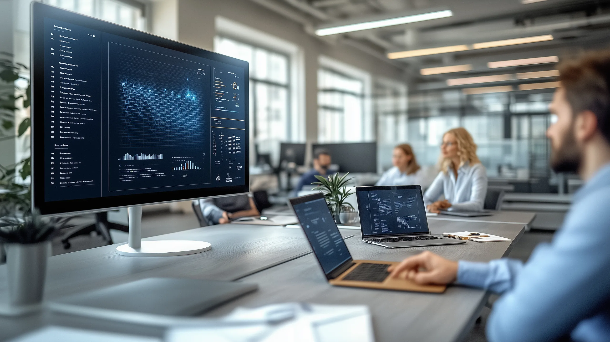 Mitarbeiter eines NIS2-Unternemens betrachten aktuelle Entwicklungen auf einem BI-Dashboard