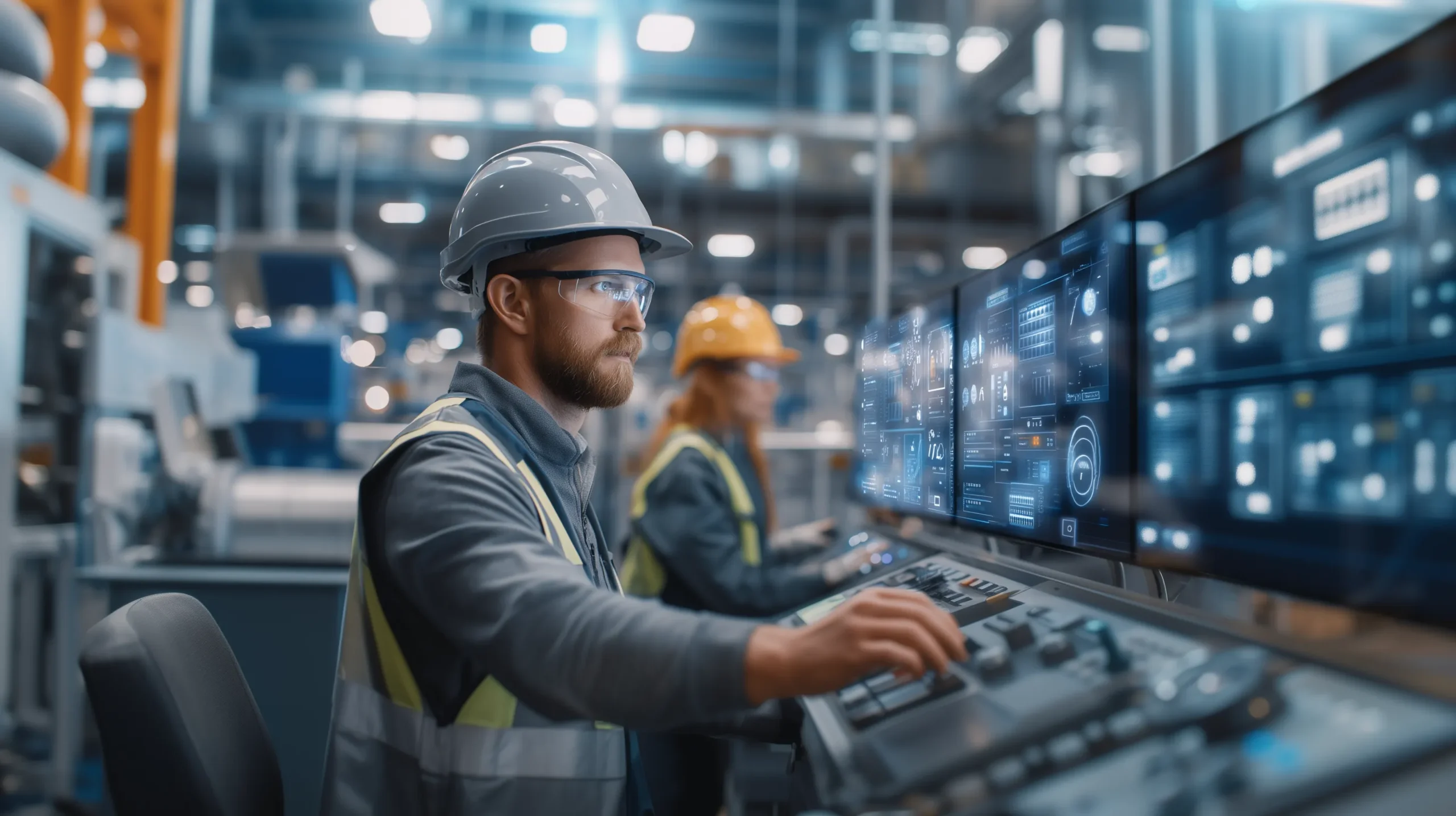 Zwei Mitarbeitende arbeiten am Controlpanel einer Maschine in einem optimal gesicherten KRITIS-Unternehmen
