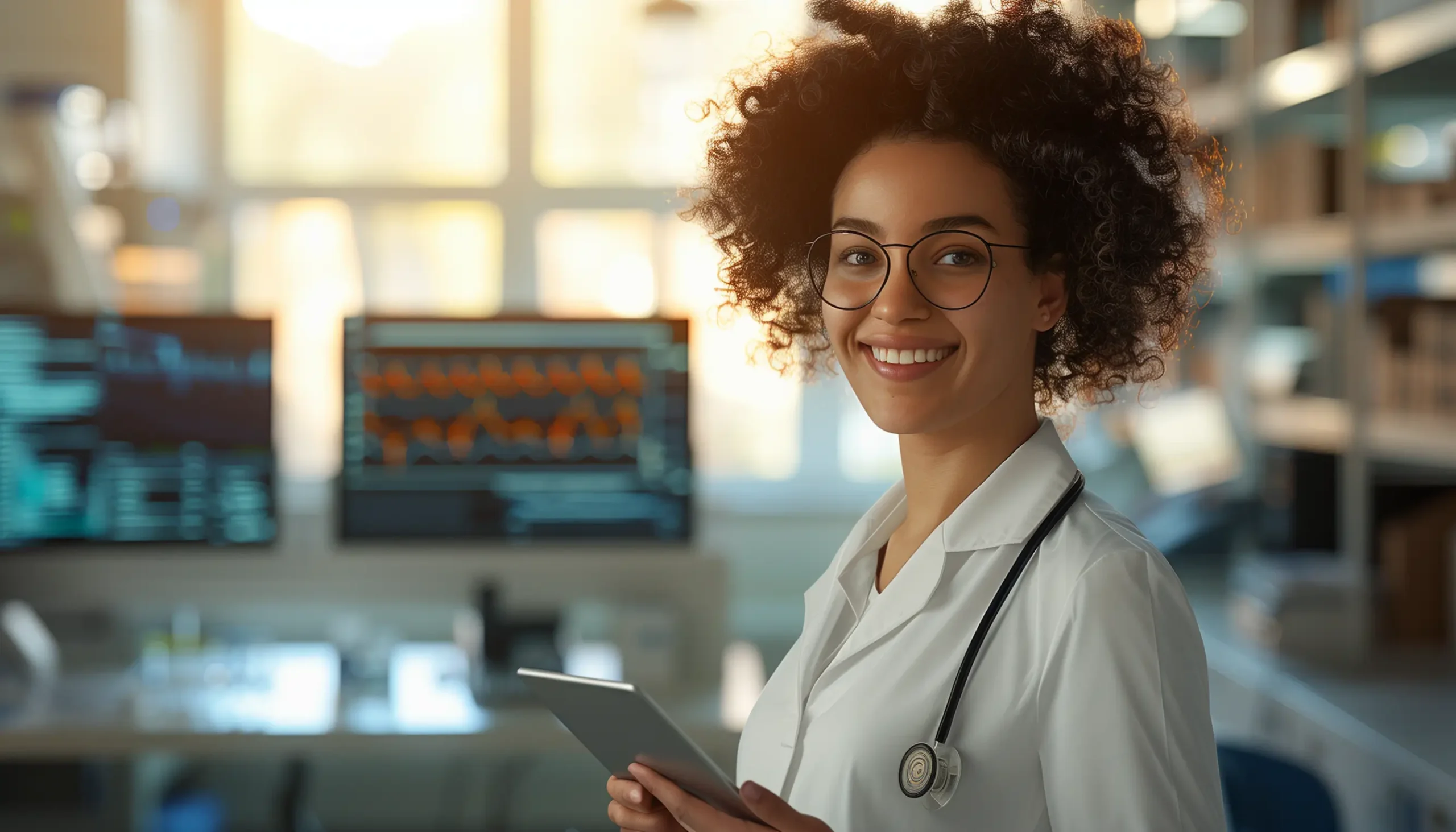 Eine Ärztin prüft Patientendaten auf einem Tablet, das von activeMind abgesichtert wurde