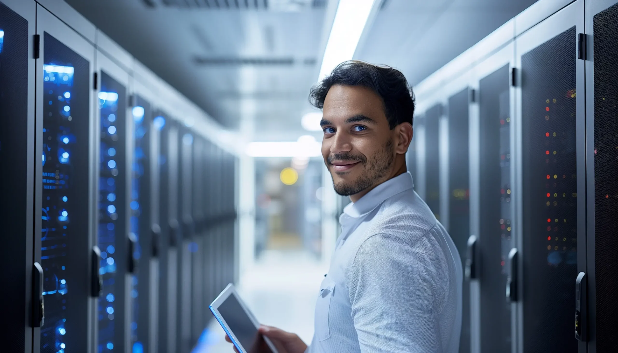 Ein Berater von activeMind führt in einem Rechenzentrum ein internes Audit auf NIS2-Compliance durch